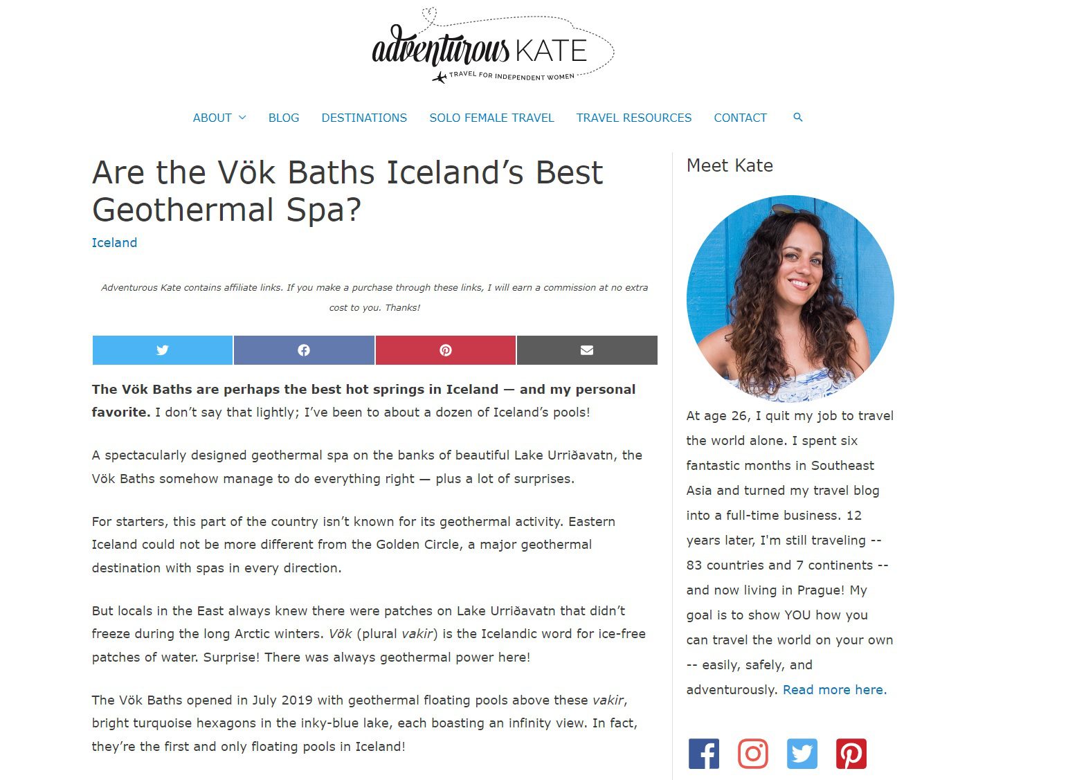 Adventures Kate 2022. Skjáskot af grein um Austurland.